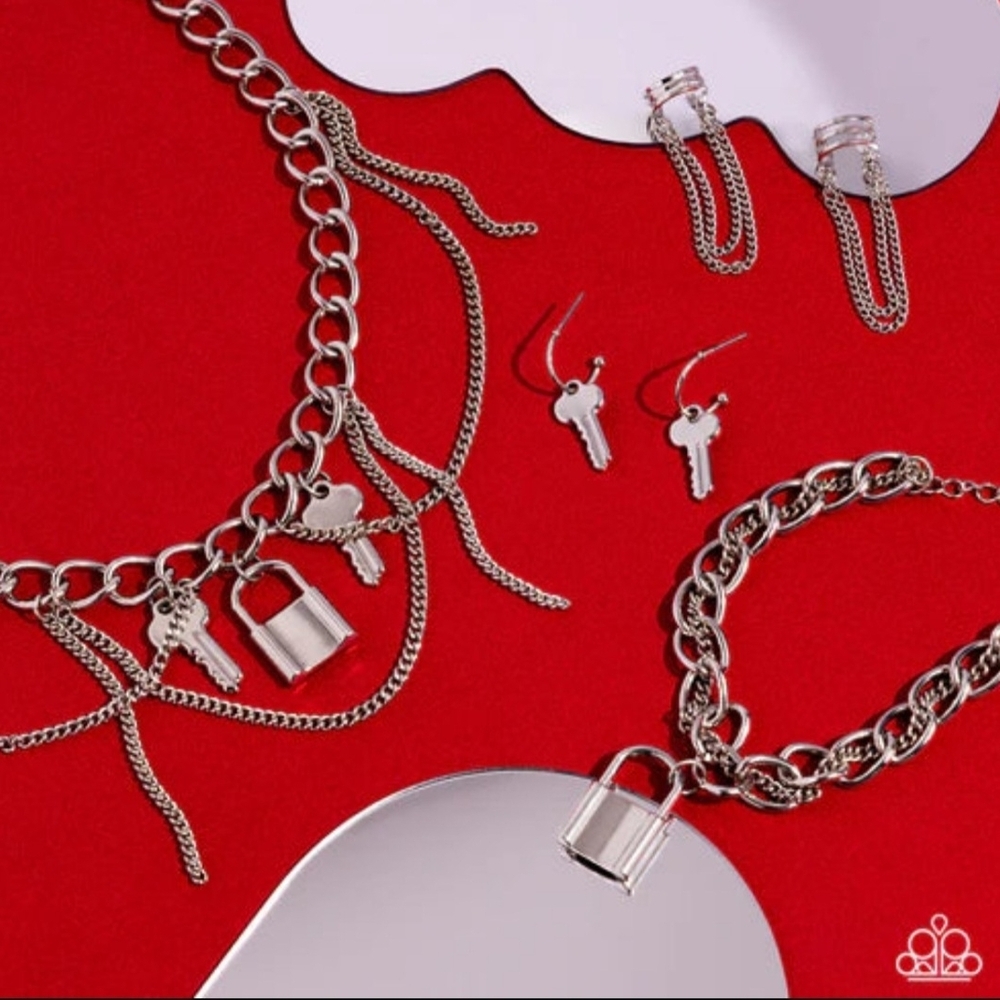 Silver Padlock & Key Charm Necklace Set - Silver Tone
